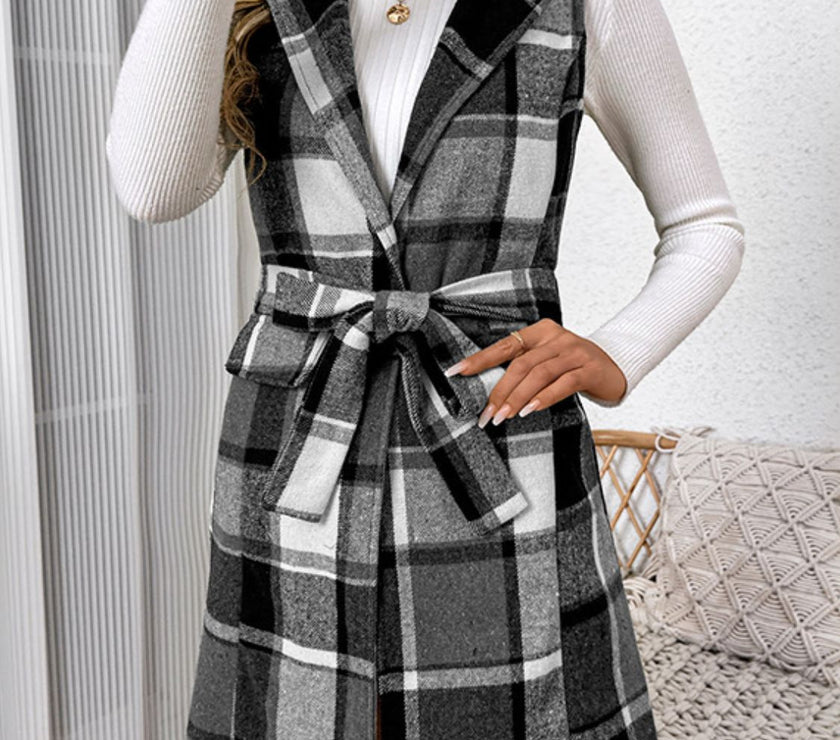 Perfee Tied Plaid Vest Coat