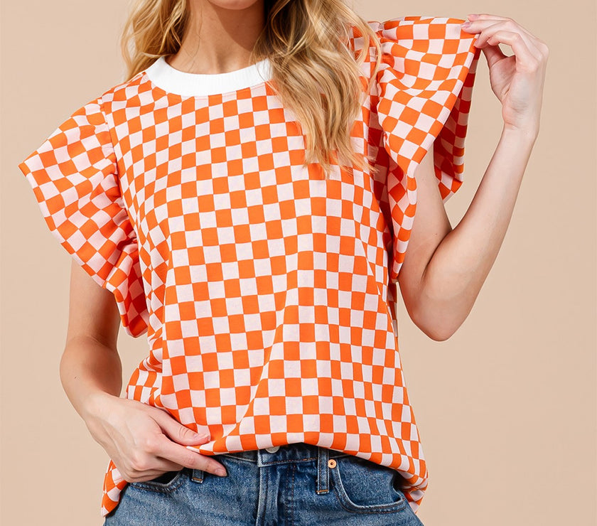 Oh Checkered Round Neck Puff Sleeve Blouse