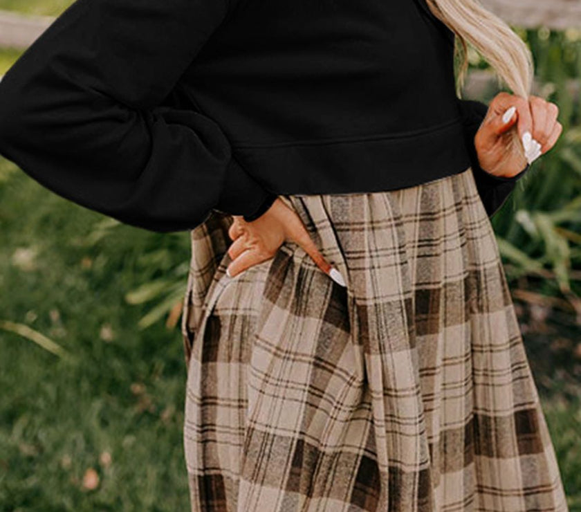 Plaid Round Neck Long Sleeve Mini Dress