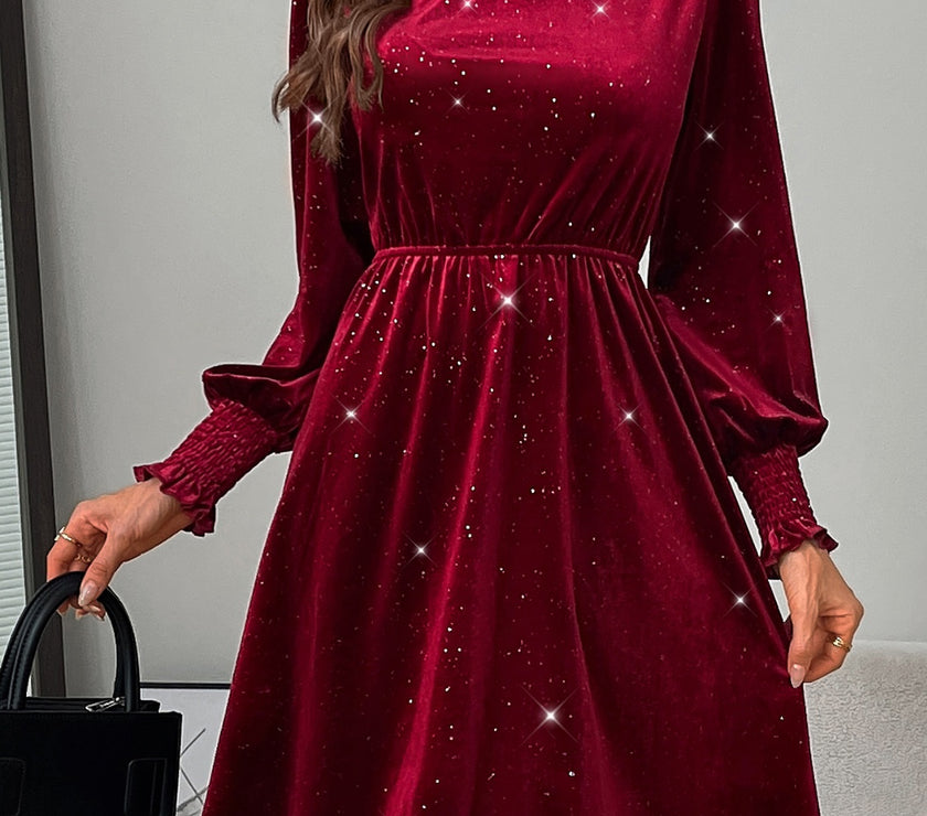Glitter Mock Neck Long Sleeve Mini Dress
