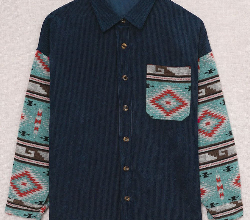 Pocketed Geometric Collared Neck Shacket