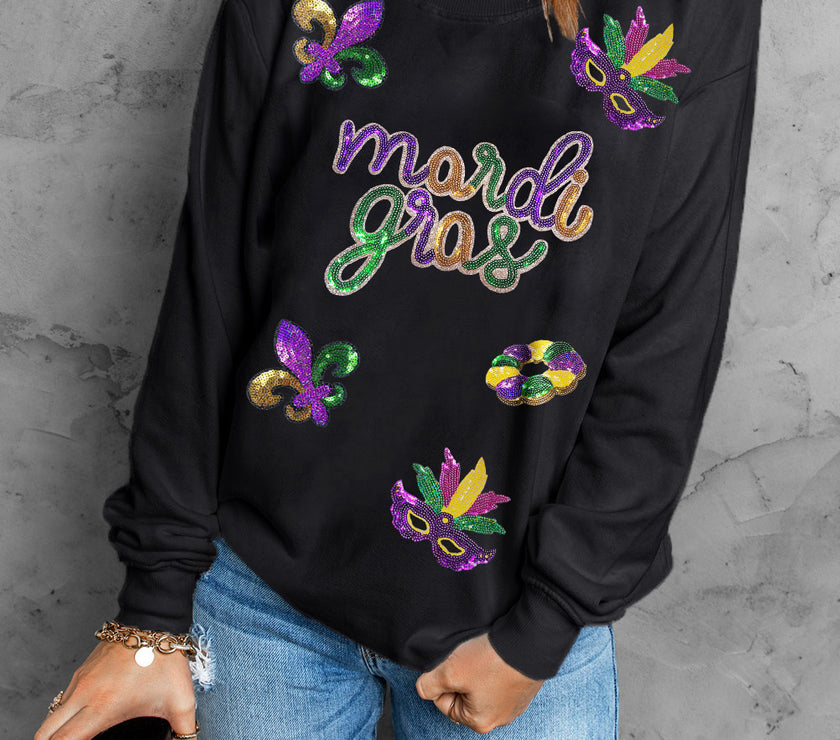 Black Sequin mardi gras Fleur de Lis Graphic Pullover Sweatshirt