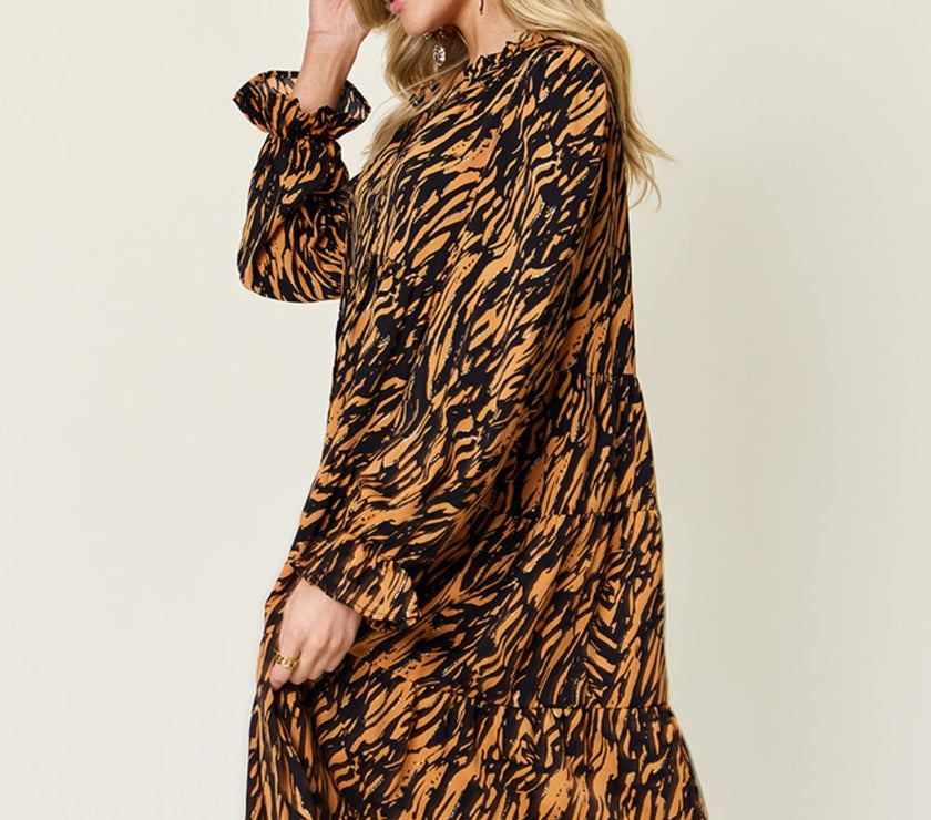 Double Take Full Size Printed Ruffle Hem Long Sleeve Dress