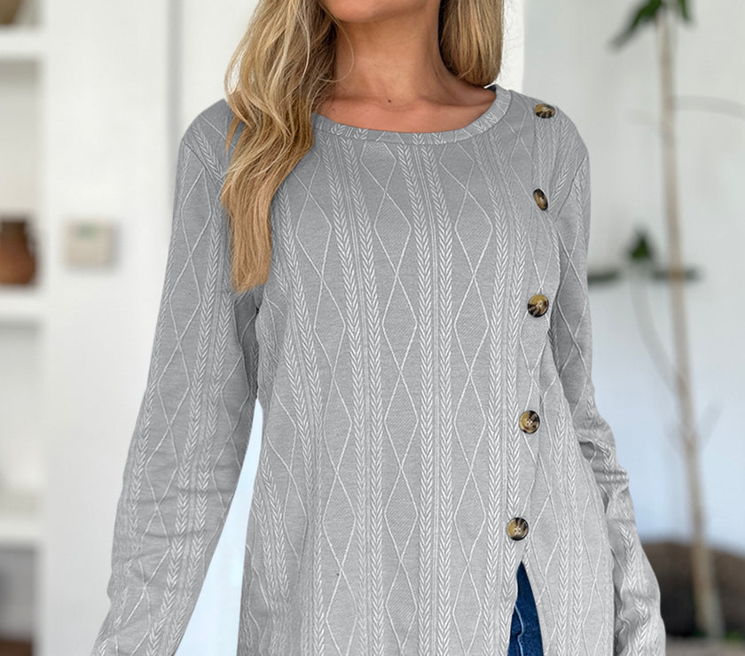 FAM-FAM Slit Round Neck Long Sleeve T-Shirt