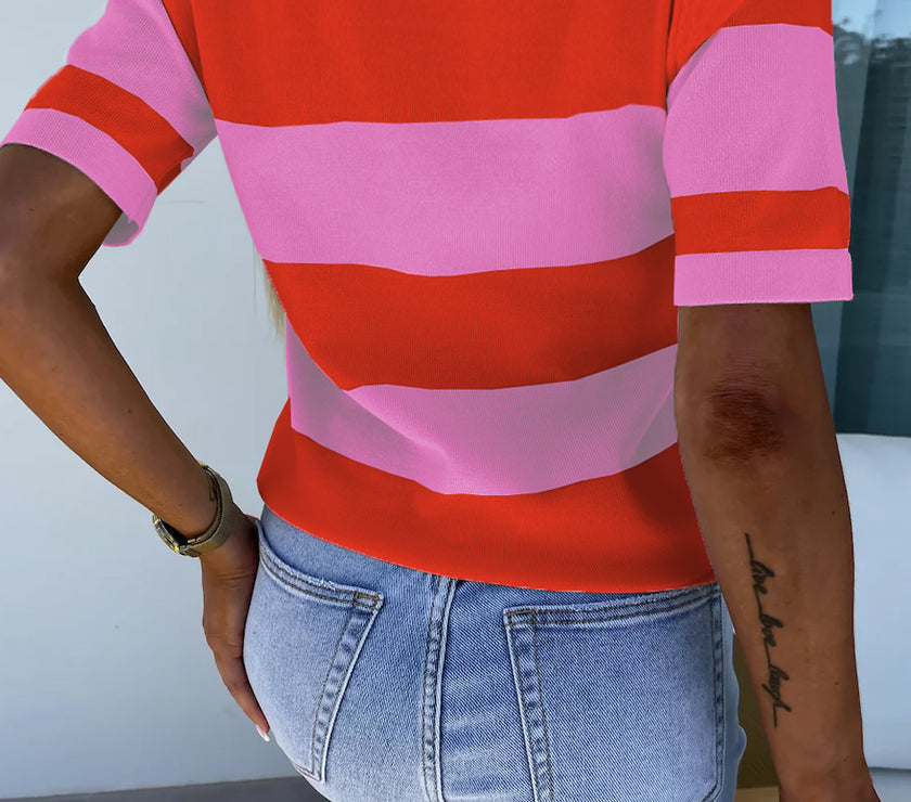 Color Block Round Neck Half Sleeve Top