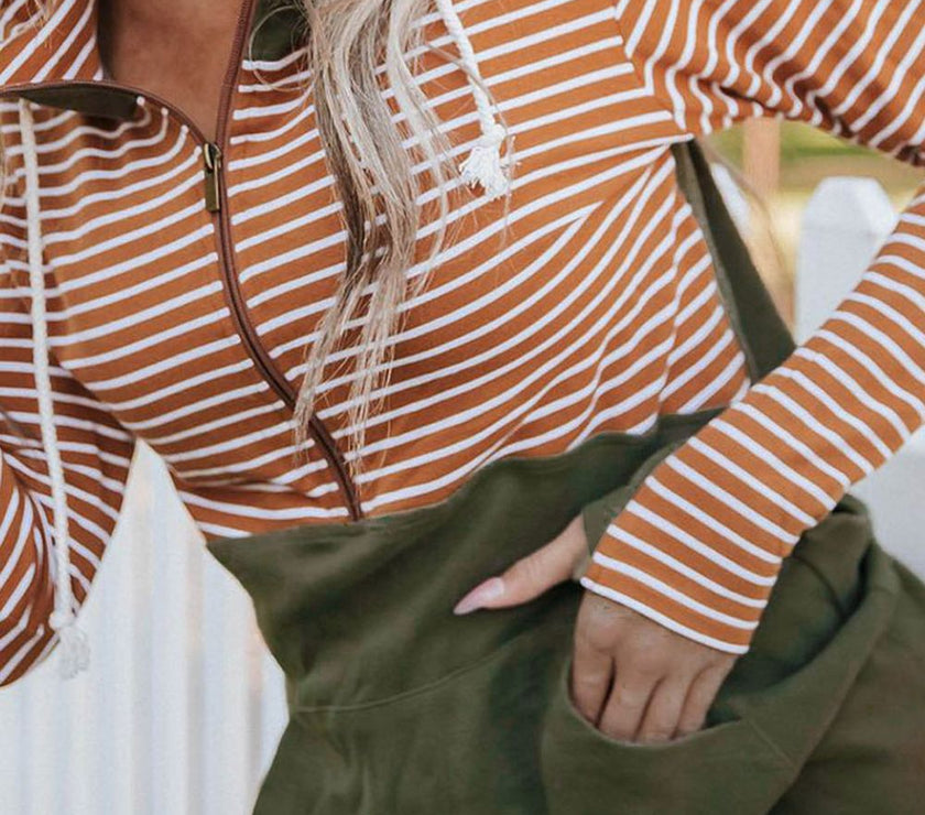 Drawstring Stripe Half Zip Long Sleeve Hoodie