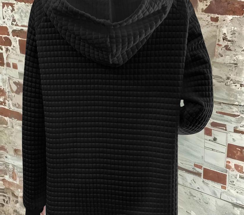 Full Size Texture Button Detail Drawstring Long Sleeve Hoodie