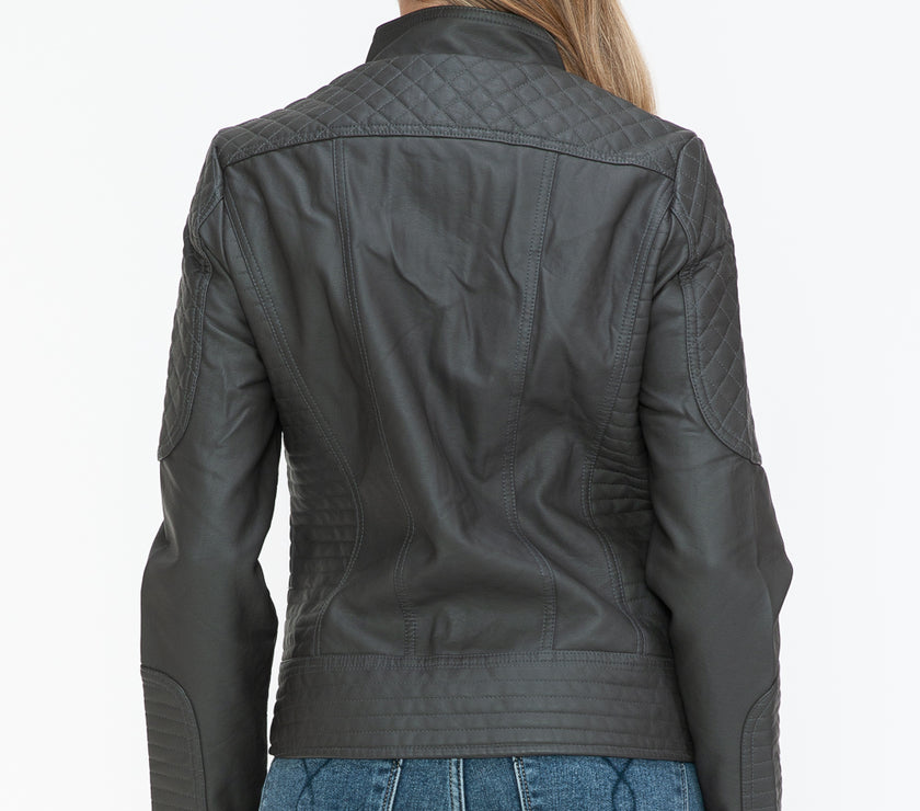 Snobbish Faux Leather Zip Up Mock Neck Jacket