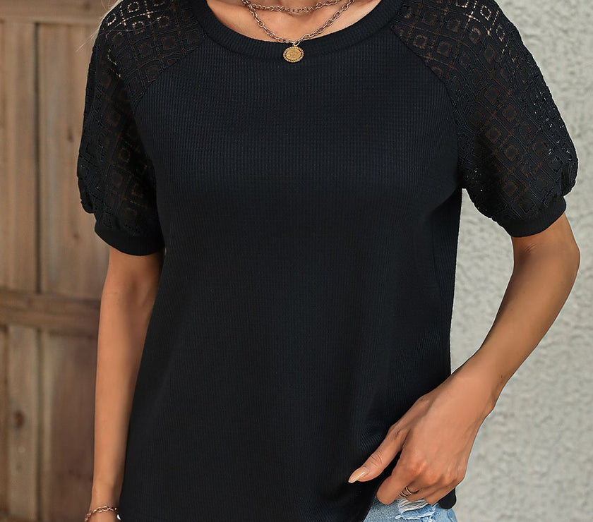 Round Neck Lace Patchwork Half Sleeve T-Shirt