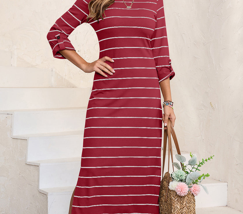 Slit Striped Round Neck Midi Dress