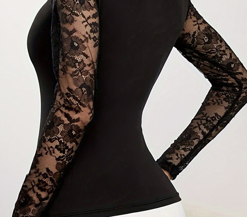 Lace Patchwork Mock Neck Long Sleeve Blouse