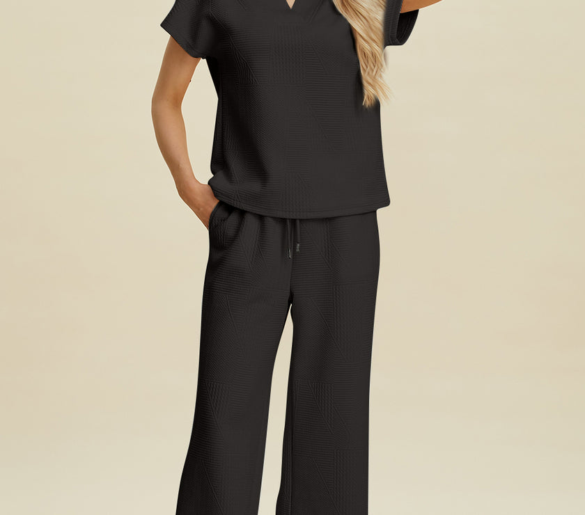 Double Take Full Size Collared Neck Short Sleeve Top and Pants Set