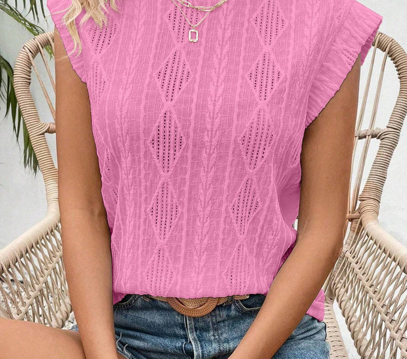 Openwork Round Neck Cap Sleeve Top