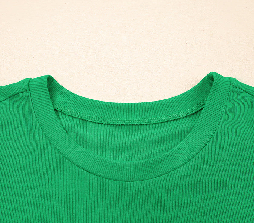 Bright Green Ribbed Pearl Beaded Puff Sleeve Top