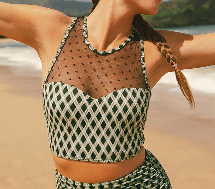 Green Dotted Mesh Plaid Patchwork High Waisted Bikini