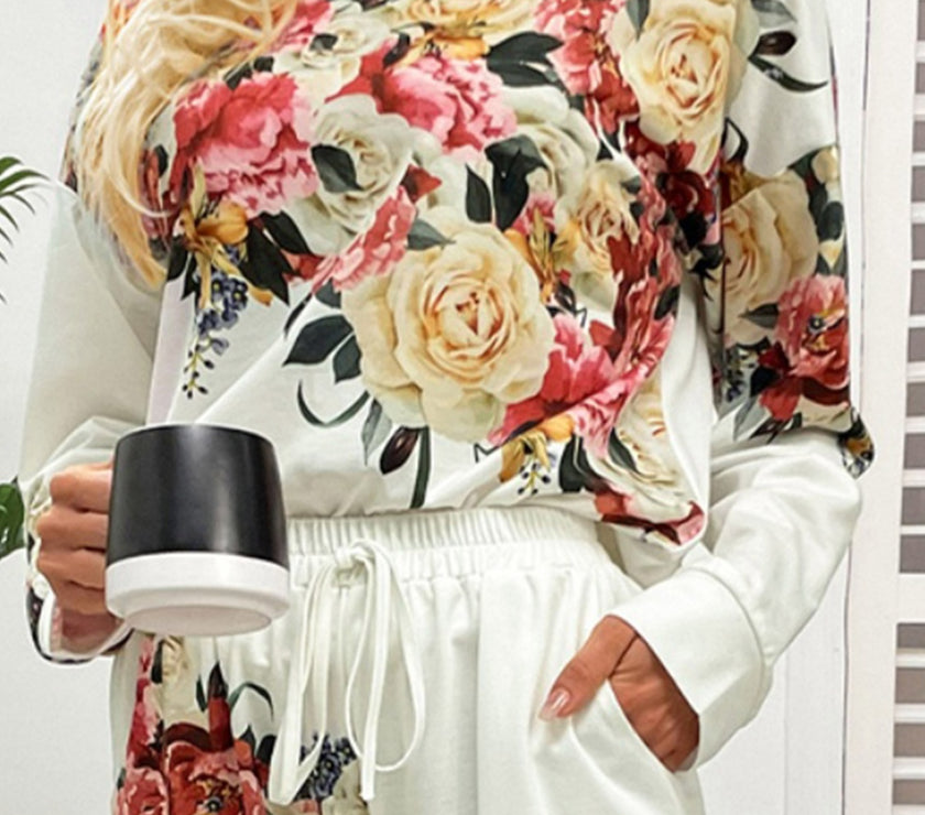 Shiny Printed Round Neck Top and Pants Lounge Set