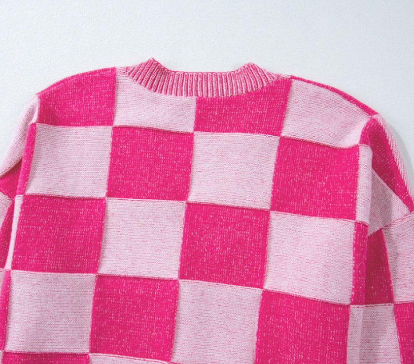 Checkered V-Neck Long Sleeve Cardigan