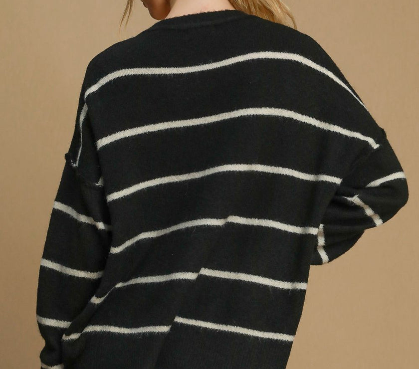 Umgee Wool Blend Striped Round Neck Sweater