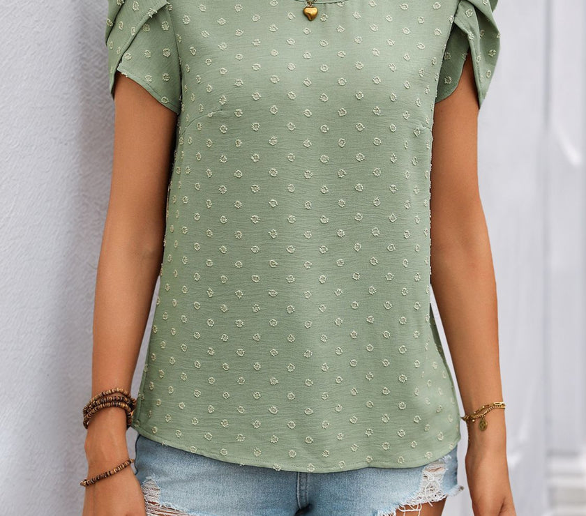Perfee Swiss Dot Round Neck Petal Sleeve Blouse