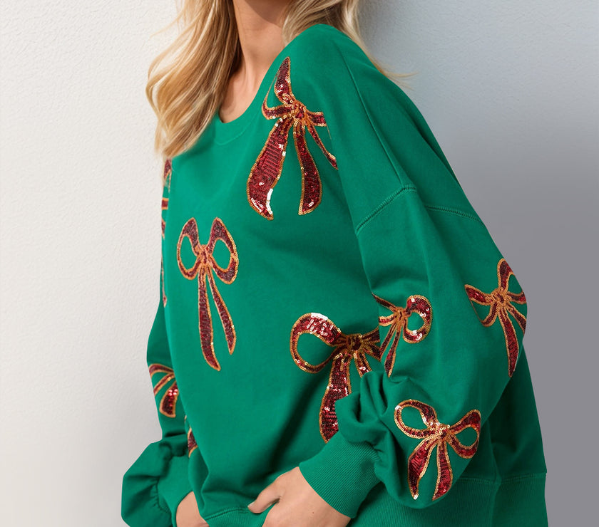 Double Take Christmas Bow Sequin Round Neck Dropped Shoulder Sweatshirt