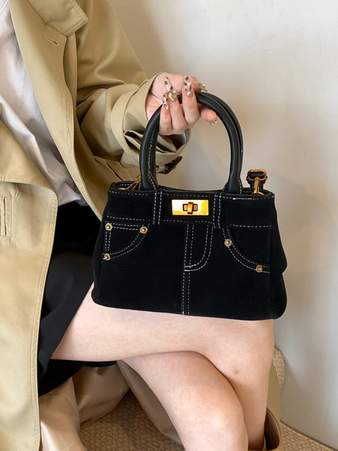 Suede Adjustable Strap Double-Use Handbag