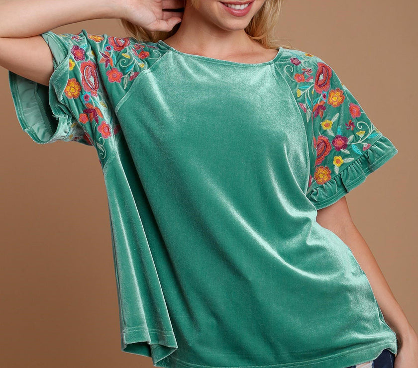 Umgee Velvet Embroidery Short Sleeve Blouse