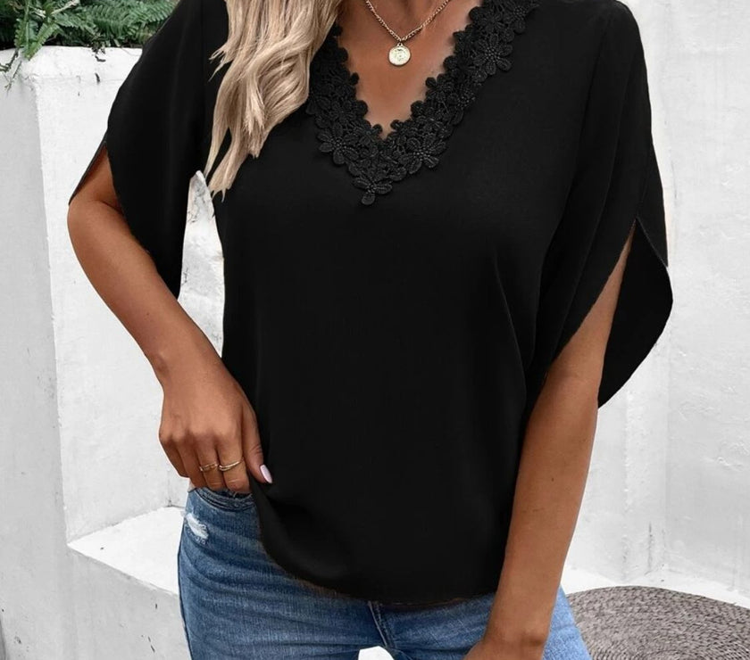 Lace Detail V-Neck Half Sleeve Blouse