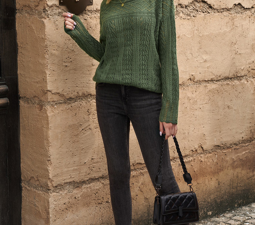 Openwork Round Neck Long Sleeve Knit Top