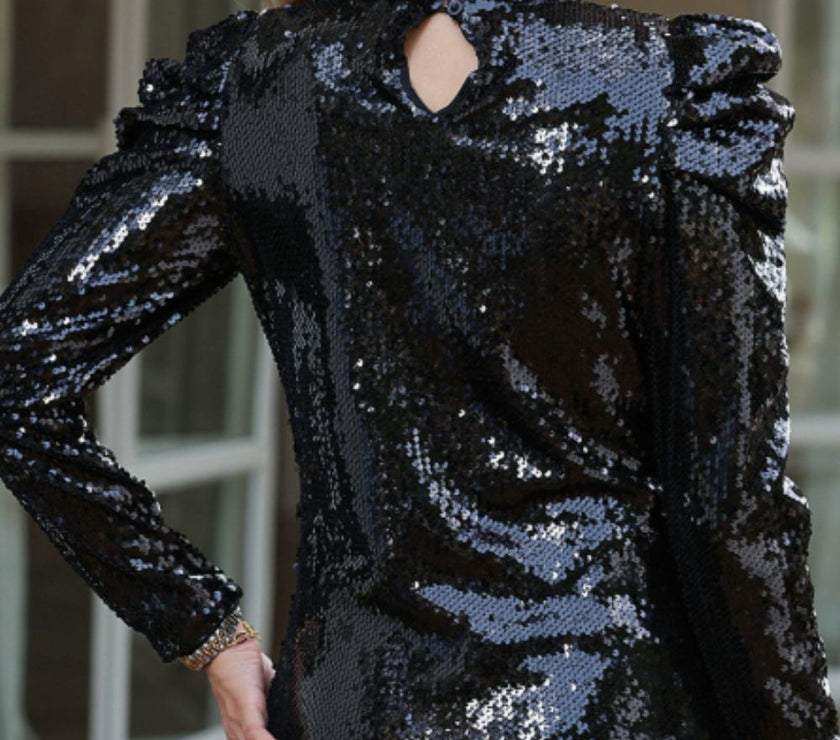 Sequin Mock Neck Puff Sleeve Blouse