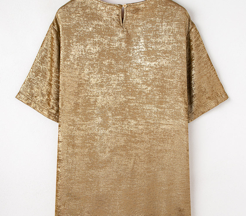 Gold Metallic Luster Crewneck Mini T-Shirt Dress