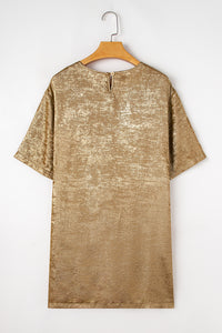 Gold Metallic Luster Crewneck Mini T-Shirt Dress