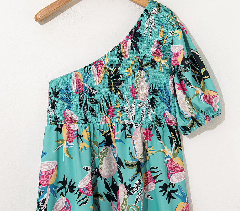 Green Plus Size Floral Smocked Bodice Single Puff Short Sleeve Babydoll Blouse