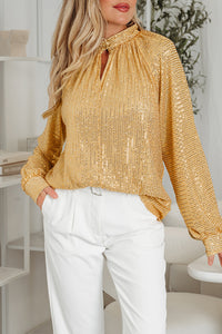 Gold Metallic Balloon Sleeve Buttoned High Neck Loose Blouse