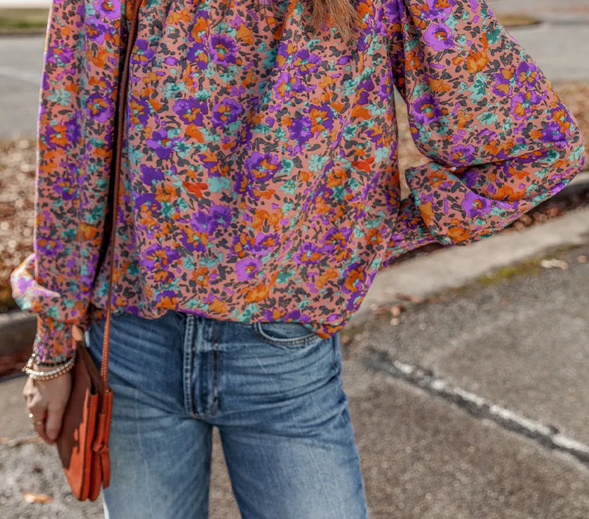 Floral Round Neck Long Sleeve Blouse