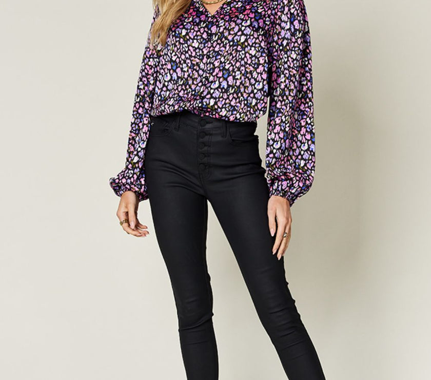 Double Take Full Size Printed Balloon Sleeve Shirt