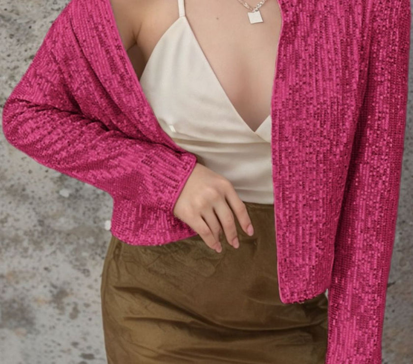 Full Size Sequin Open Front Cropped Jacket