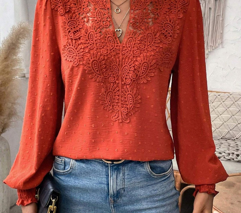 Swiss Dot Lace Detail Notched Long Sleeve Blouse