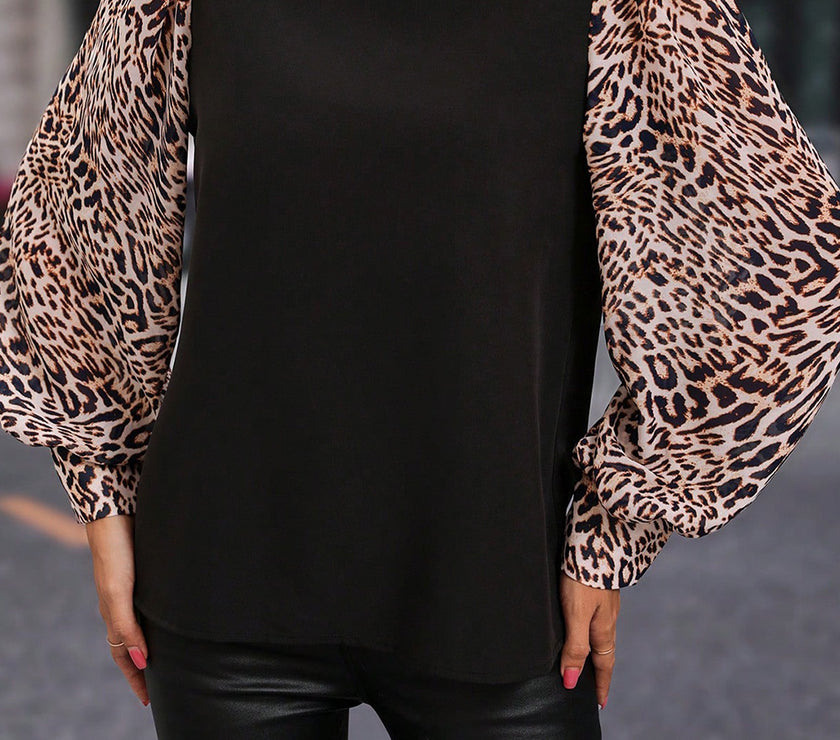 Leopard Mock Neck Lantern Sleeve Blouse