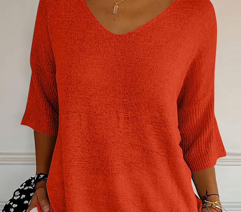 V-Neck Three-Quarter Sleeve Knit Top