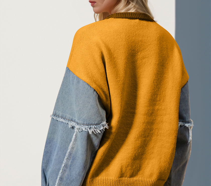 Double Take Full Size Star Pattern Raw Edge Long Sleeve Sweater