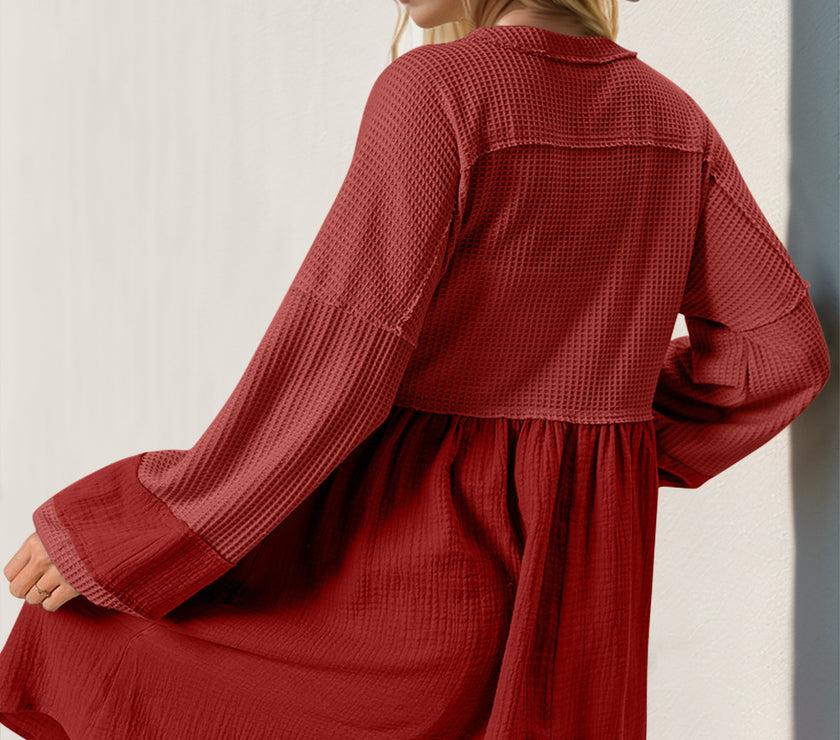 Double Take Waffle-Knit Contrast Half Button V-Neck Long Sleeve Mini Dress