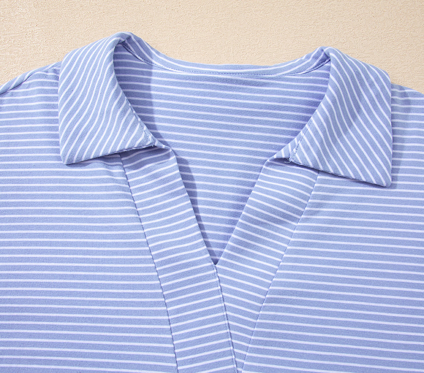 Sky Blue Stripe Dolman Sleeve Polo Shirt and Drawstring Shorts Set