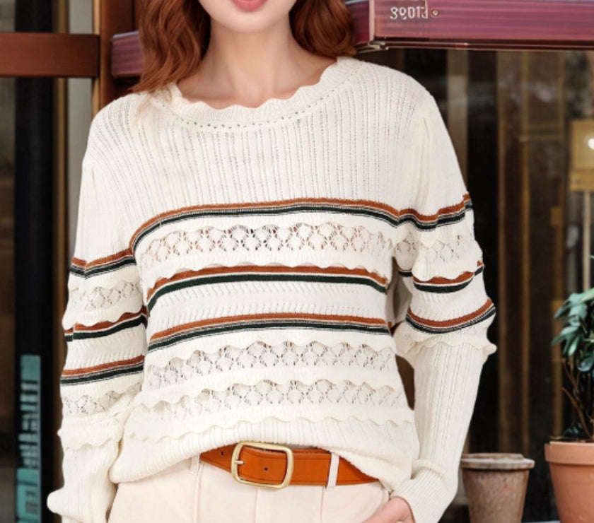 Striped Hollow Out Round Neck Long Sleeve Sweater