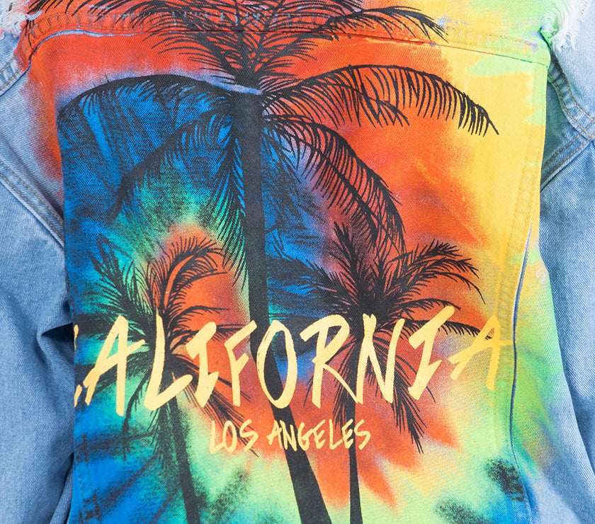 American Bazi Full Size Painted Back Distressed Denim Jacket