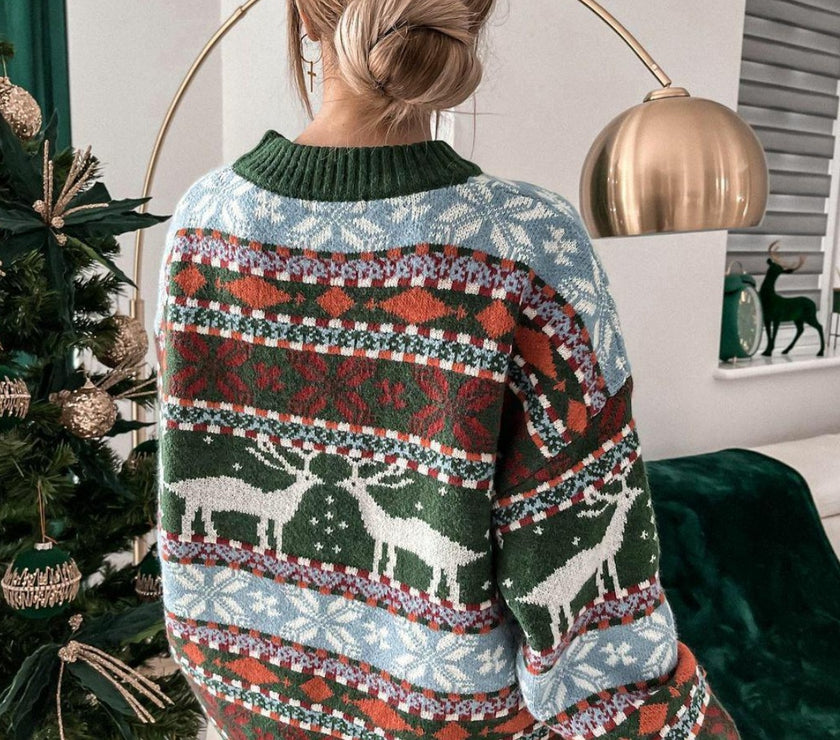 Geometric Round Neck Dropped Shoulder Sweater