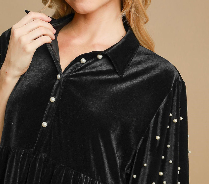 Umgee Pearl Detail Half Sleeve Velvet Babydoll Blouse