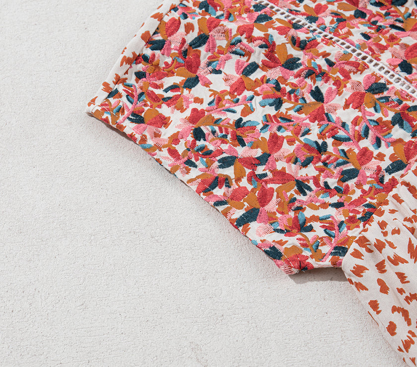 Red Printed Embroidery Detail Tie Split Neck Blouse