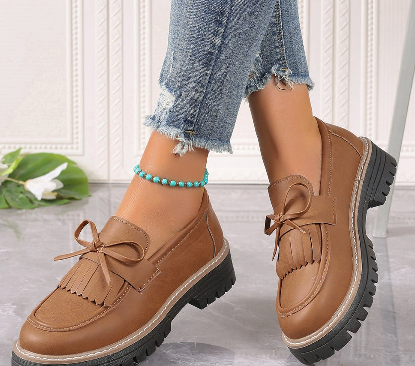PU Leather Bow Platform Loafers