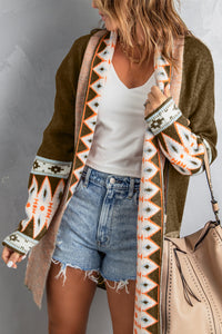 Brown Aztec Print Open Front Knitted Cardigan