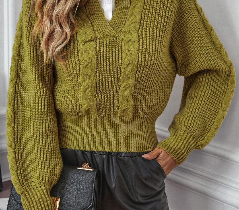 Cable-Knit Collared Neck Faux Layered Sweater